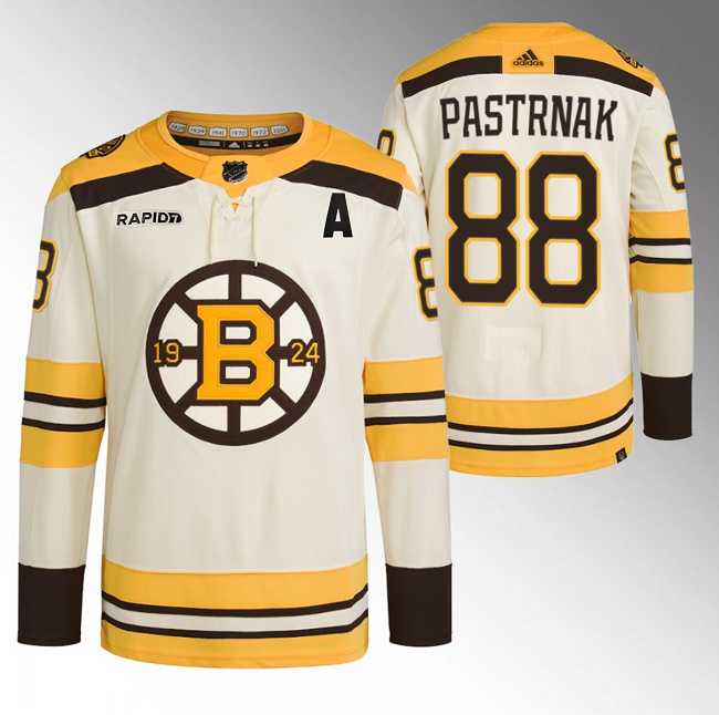 Mens Boston Bruins #88 David Pastrnak Cream With Rapid7 Patch 100th Anniversary Stitched Jersey Dzhi->boston bruins->NHL Jersey